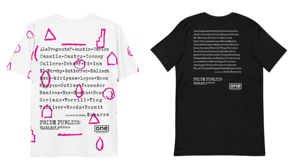 two shirts, one white with pink shapes and black text; the other one is black tshirt with white text with names of artists for Pride Publics exhibition